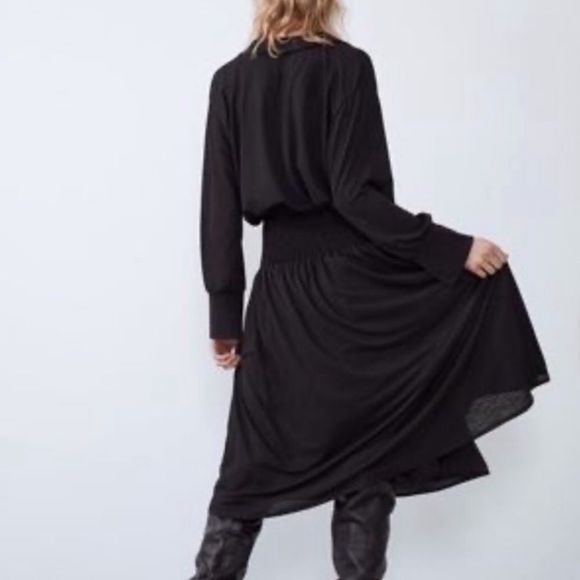 ZARA elastic waist long sleeve black midi dress - Picture 2 of 7
